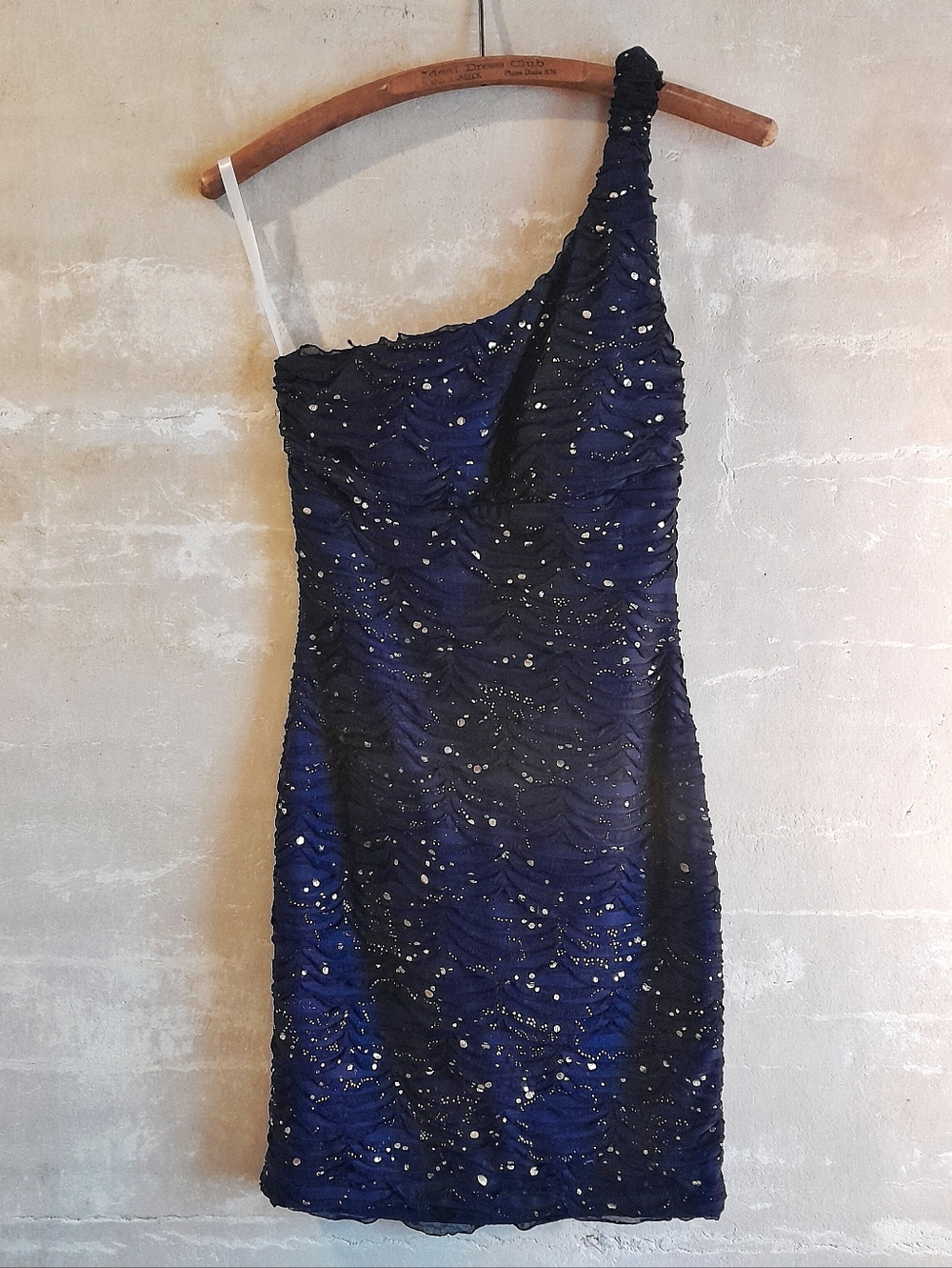 512a. navy blue vintage Ruby Rox one shoulder ruffle bodycon mini dress, S